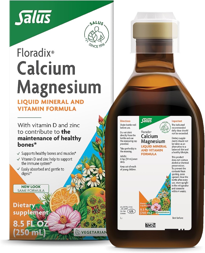 Floradix Calcium Magnésium Liquid Mineral & Vitamine Formula - Supplément Bone Support avec Calcium, Magnésium, Vitamine D & Zinc - Végétarien et Non-OGM - 8,5 fl oz