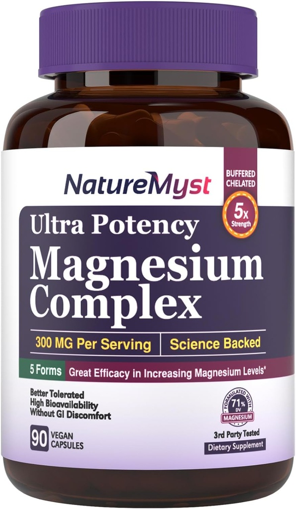 Complexe de magnésium, 300 mg Magnésium élémentaire, Glycinate, Citrate, Malate, Haute puissance, Meilleure absorption, pour les muscles, Nerve, Cœur, Sommeil, Constipation et plus, 90 Caps végétaliens