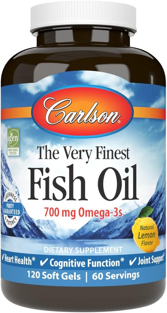 Carlson - L'huile de poisson la plus fine, 700 mg Omega-3s, supplément d'huile de poisson norvégien, huile de poisson Omega-3 prise sauvage, capsules d'huile de poisson d'origine durable, supplément Omega 3, citron, 120 Softgels