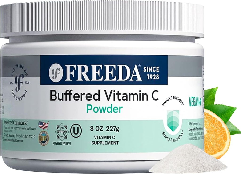 FREEDA Buffered Vitamin C Powder (Calcium Ascorbate) – Non-Acidic, Stomach-Friendly Vitamin C for Sensitive Individuals – Vegan, Kosher, Sugar-Free Immune Support – 8 oz