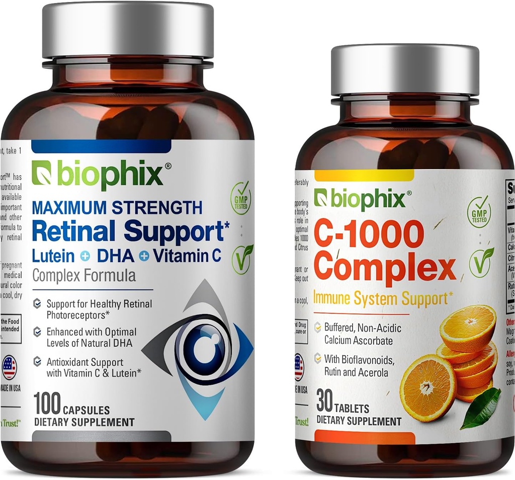 Biophix Soutien rétinien Complexe de force maximale Formule 100 Capsules - C-1000 30 Comprimés - Zinc Vitamine C E Lutéine DHA Omega-3 Astaxanthin Hyaluronique Acid - Soutiens Vision oculaire Santé