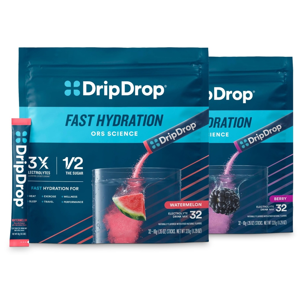 Hydratation DripDrop - Paquets de poudre d'électrolyte - Pastèque et baie - 64 Compte
