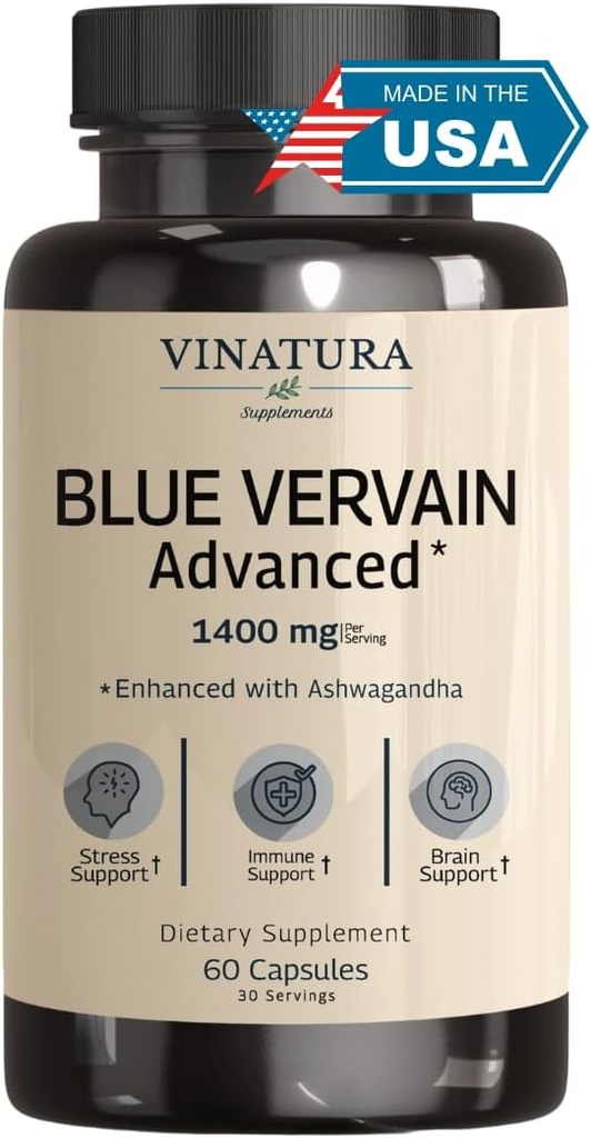 VINATURA Blue Vervain Avancé avec Ashwagandha - 1400mg par portion, Capsules Vervain Bleu, Alternative de Thé Vervain Bleu, Santé du cerveau, Soulagement du stress, Suppléments Ashwagandha - 60 Capsules