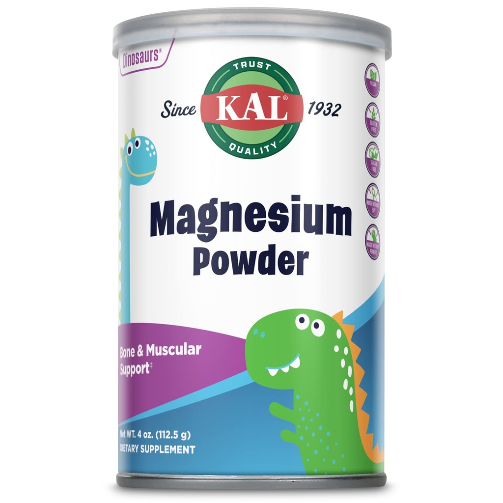 Poudre de magnésium KAL, Magnésium pour enfants, Poudre de citrate de magnésium pur, Développement des os sain, Soutien de la fonction musculaire et nerveuse, Vegan, Sans gluten, Sans sucre, 90 portions, 4 oz