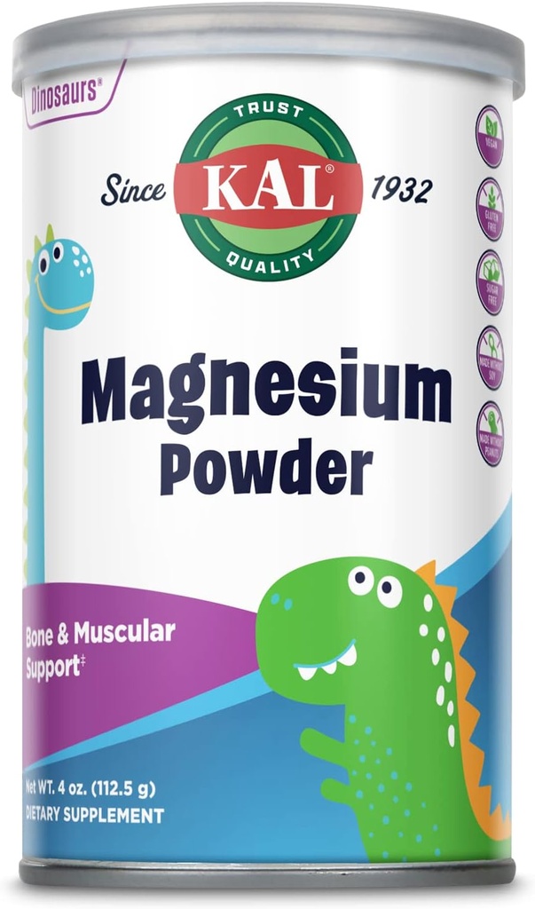 Poudre de magnésium KAL, Magnésium pour enfants, Poudre de citrate de magnésium pur, Développement des os sain, Soutien de la fonction musculaire et nerveuse, Vegan, Sans gluten, Sans sucre, 90 portions, 4 oz