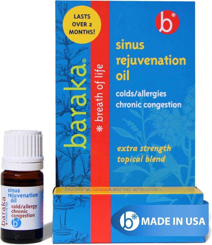 Baraka Sinus Huile de rajeunissement – Mélange de 6 huiles essentielles organiques pour la respiration nasale claire, Eases Sinus Pression, & Offres Relaxing Nasal Health Support