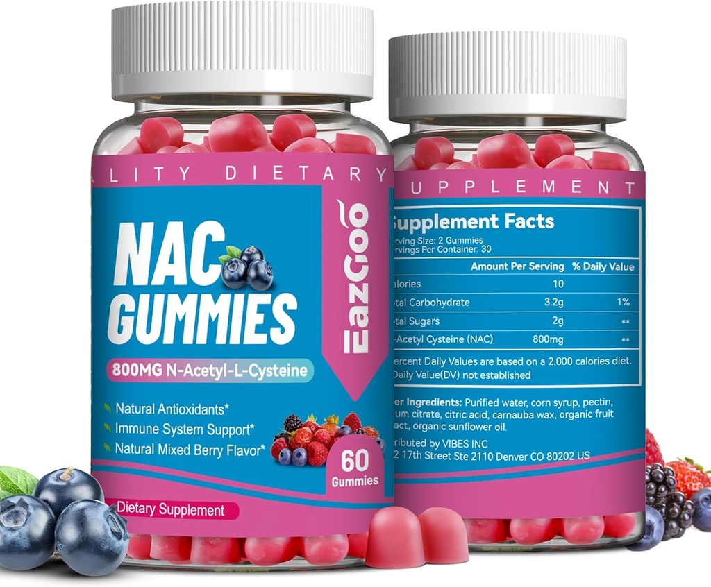 NAC Gummies 800mg, supplément N-acétyl Cysteine, supplément NAC pour système immunitaire et antioxydant, non-OGM, sans gluten, végétalien - 120comptes