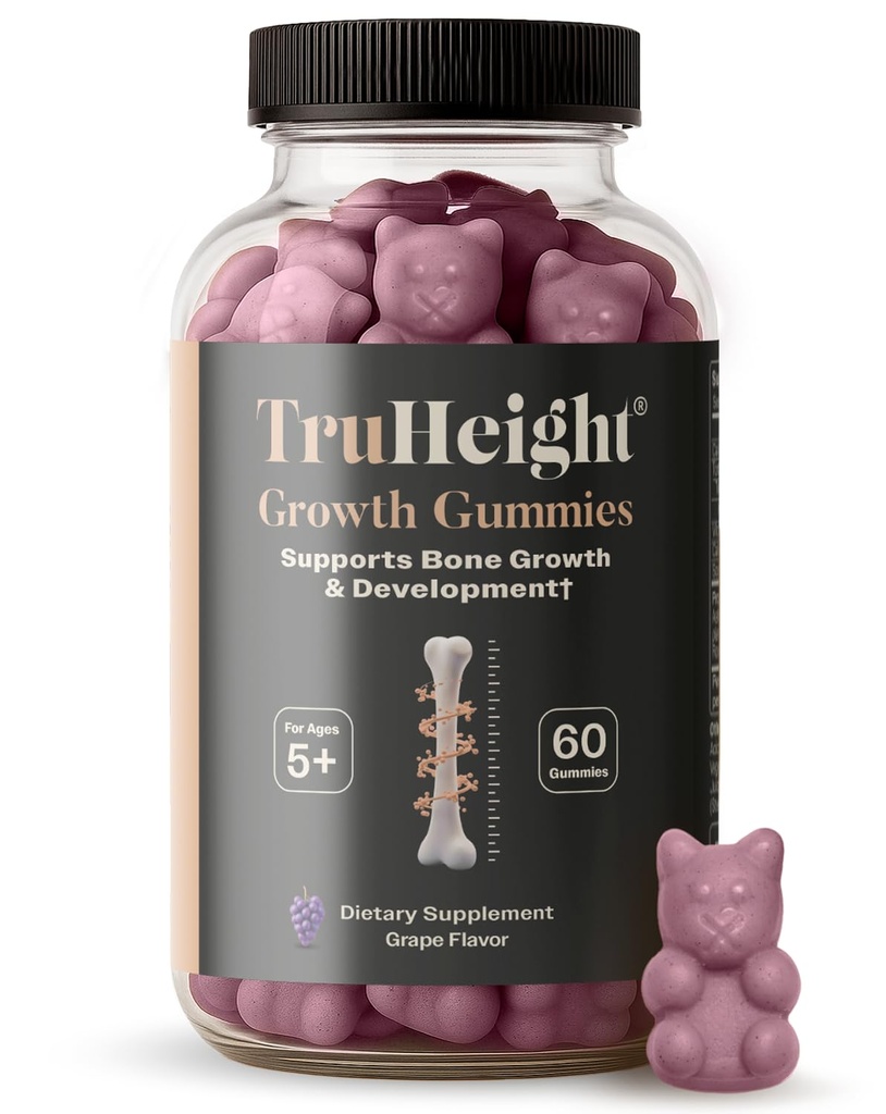 Gummies de croissance TruHeight (Grape) Supplément de croissance naturelle pour les enfants et les adolescents - Vitamine D, K, Calcium et Ashwagandha, Vitamines de force osseuse D3 K2, Picky Eater, Taller Ages 5+