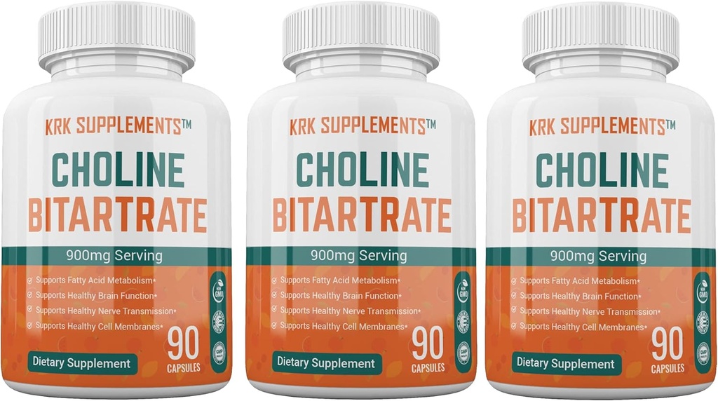 3 bouteilles Choline Bitartrate 900mg par portion 270 Capsules totales KRK Suppléments