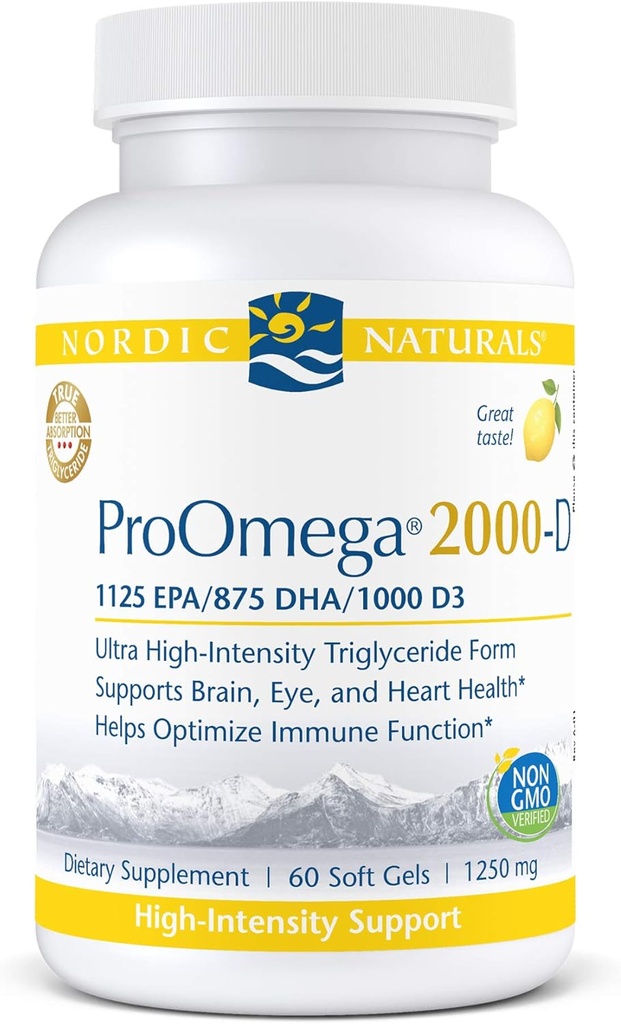 Nordic Naturals ProOmega 2000-D - Huile de poisson, 1125 mg EPA, 875 mg DHA, 1000 UI Vitamine D3, Santé cardiovasculaire, neurologique, oculaire et immunitaire, Saveur de citron, 60 gels doux