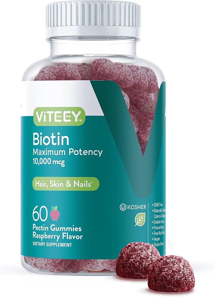 Gommies de biotine Viteey pour la peau et les ongles des cheveux - Biotine pour les Gommies de croissance des cheveux - 10 000 mcg - Vegan, sans gluten, non-OGM – 60 Compte