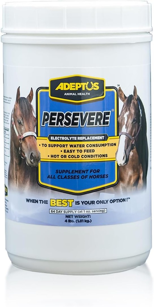 Adeptus Nutrition persévére supplément électrolyte pour toutes les catégories de chevaux, soutient l'hydratation, formule équilibrée pour le remplacement de la sueur, base de levure prébiotique, poudre facile à nourrir, 4 Lbs