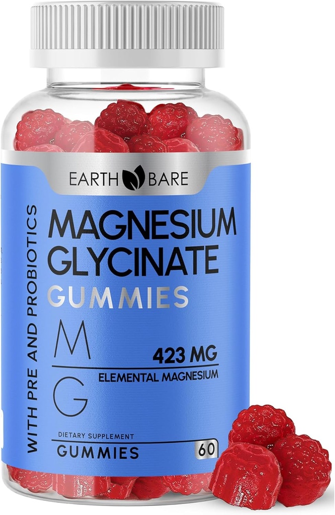 Magnésium Glycinate Gommies - Supplément de magnésium de haute puissance avec maximum 423mg de magnésium élémentaire, pré et probiotiques