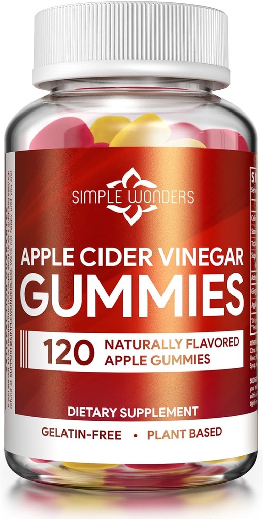 Gommies de vinaigre de cidre de pomme avec la mère - Gommies de vinaigre de cidre de pomme pour détox, nettoyage et soutien immunitaire - Fabriqué avec des carottes noires et extrait sec de gingembre - Pectine à base, non-OGM, sans gluten (120 Gommies)
