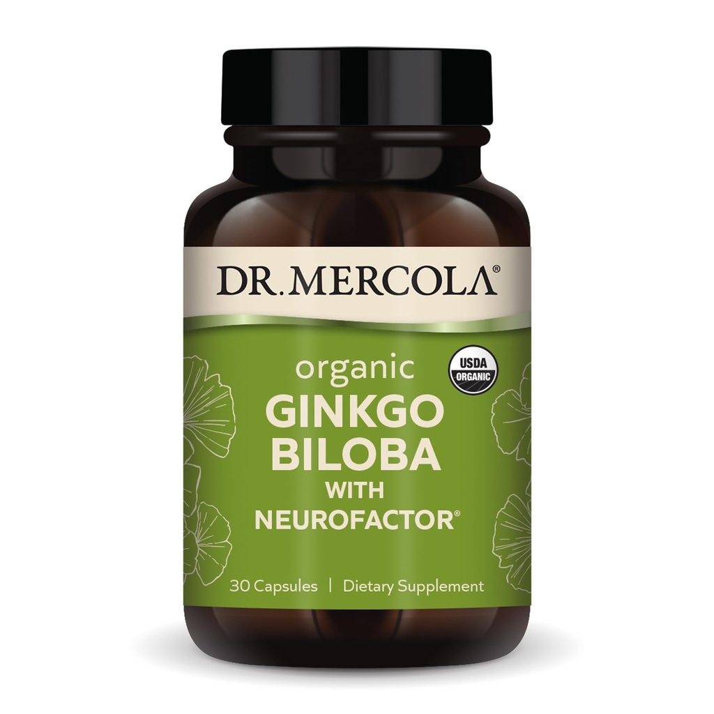 Dr Mercola Organic Ginkgo Biloba avec NeuroFactor - Soutienne la santé du cerveau - Extrait de feuille de Ginkgo normalisé - Fruit de café polyphénol-rich - 30 Capsules
