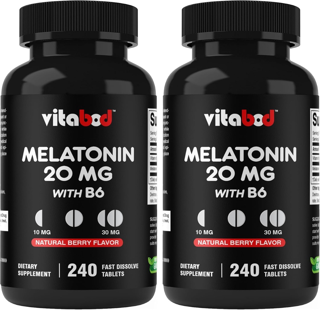 Mélatonine 20 mg - 240 comprimés à solution rapide - Sans médicament - Arôme de baie naturelle - Végétarien, non-OGM, sans gluten 240 Compte (paquet de 2)