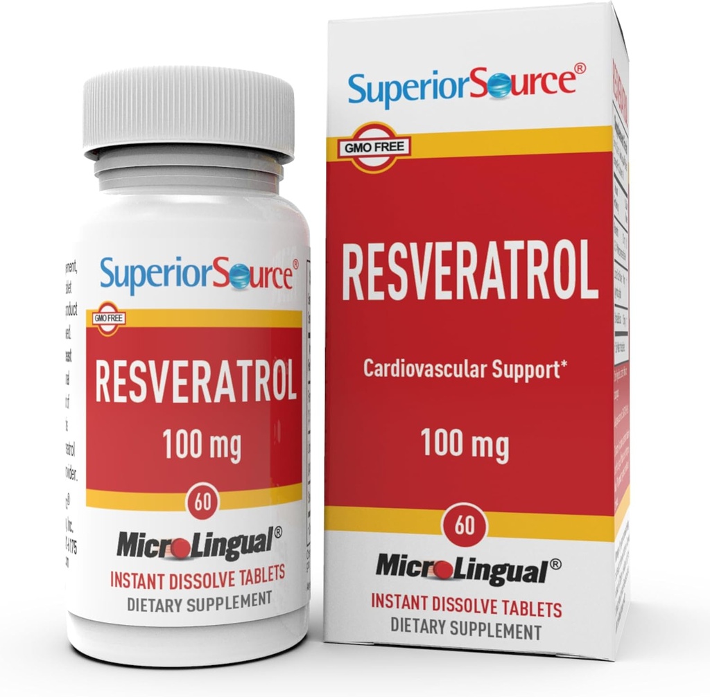 Source supérieure Resvératrol 100 mg - Supplément alimentaire pour le vieillissement en santé - Soutient la santé du cerveau et du coeur - Sans OGM et sans gluten - 60 comprimés à diffusion instantanée microLinguale