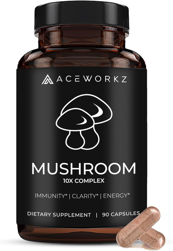 ACEWORKZ 10 Supplément complexe de champignons - Lion , Reishi, Cordyceps et plus - Santé cérébrale, mémoire et focus Nootropic - Soutien énergétique et immunitaire (90 capsules)