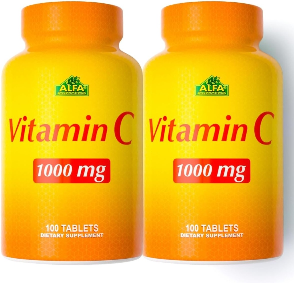 ALFA VITAMINS Supplément vitamine C 1000mg, puissant antioxydant pour le soutien immunitaire et la peau saine, favorise la formation de collagène, supplément alimentaire pour le bien-être quotidien, 100 comprimés, 2 flacons