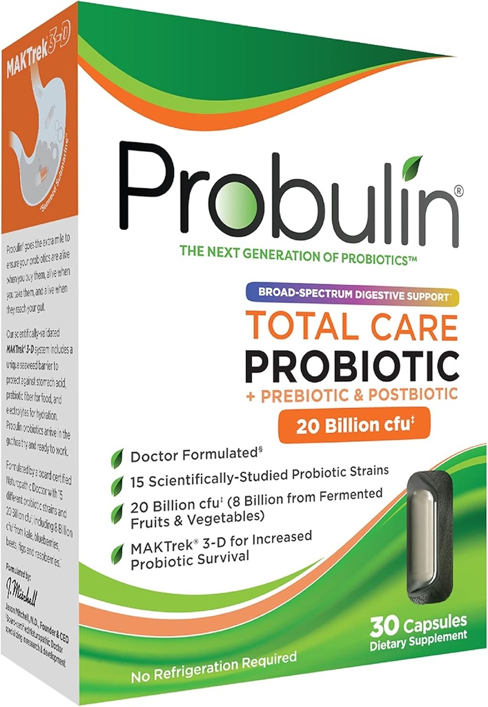 Probuline Total Care Probiotic Supplement, Gut quotidien, Digestive et Immune Probiotics Health Capsules pour hommes et femmes, 20 Million CFU, Vegan, 30 Cot Box