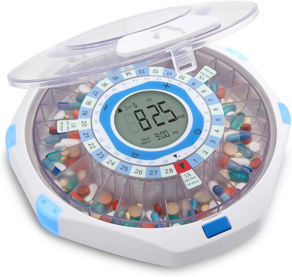 LiveFine WiFi Automatic Pill Dispenser and Remote Medication Monitoring System with Locking Key, 28-Day Medication Organizer Up To 9 Doses Per, Adjustable Light/Sound Alarms For Prescriptions & Vitami