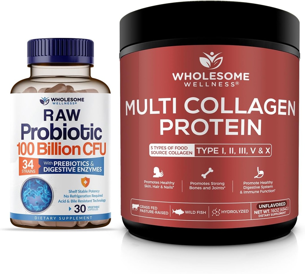 Wholesome Wellness Organic Probiotics 100 Billion CFU, Dr Formulated for Women and Men + Multi Collagen Protein Powder Hydrolyzed (Type I II III V X) Bundle