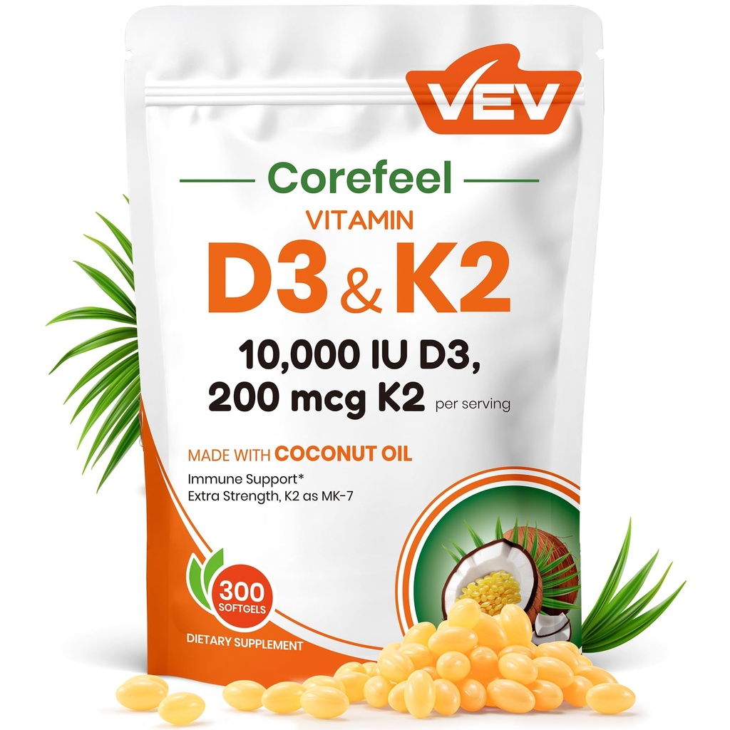 VEV Corefeel Vitamine D3 K2 10 000 UI, 200 mcg MK-7, 300 softgels d'huile de coco, 2 suppléments de vitamines en 1 D & K (y compris MK7), facile à avaler, soutient l'absorption de calcium, santé osseuse
