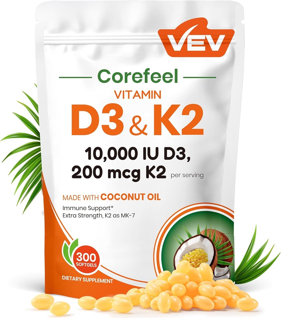 VEV Corefeel Vitamine D3 K2 10 000 UI, 200 mcg MK-7, 300 softgels d'huile de coco, 2 suppléments de vitamines en 1 D & K (y compris MK7), facile à avaler, soutient l'absorption de calcium, santé osseuse