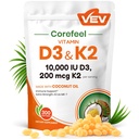 VEV Corefeel Vitamine D3 K2 10 000 UI, 200 mcg MK-7, 300 softgels d'huile de coco, 2 suppléments de vitamines en 1 D & K (y compris MK7), facile à avaler, soutient l'absorption de calcium, santé osseuse