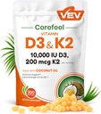 VEV Corefeel Vitamine D3 K2 10 000 UI, 200 mcg MK-7, 300 softgels d'huile de coco, 2 suppléments de vitamines en 1 D & K (y compris MK7), facile à avaler, soutient l'absorption de calcium, santé osseuse