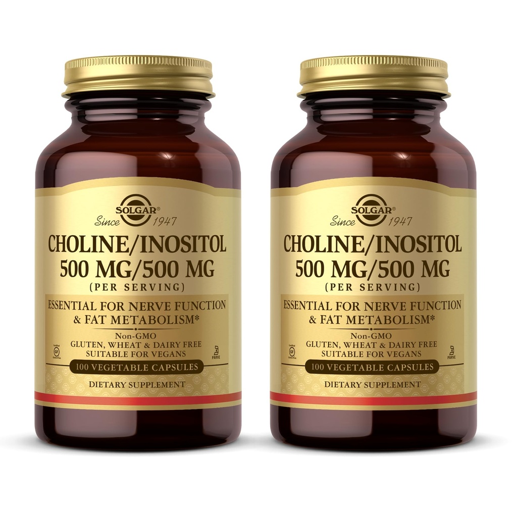 Solgar Choline/Inositol 500 mg/500 mg, 100 capsules végétales (paquet de 2) - Métabolisme énergétique, santé du foie, essentiel pour la fonction cérébrale et nerveuse - non-OGM, végétalien, kasher - 100 portions totales