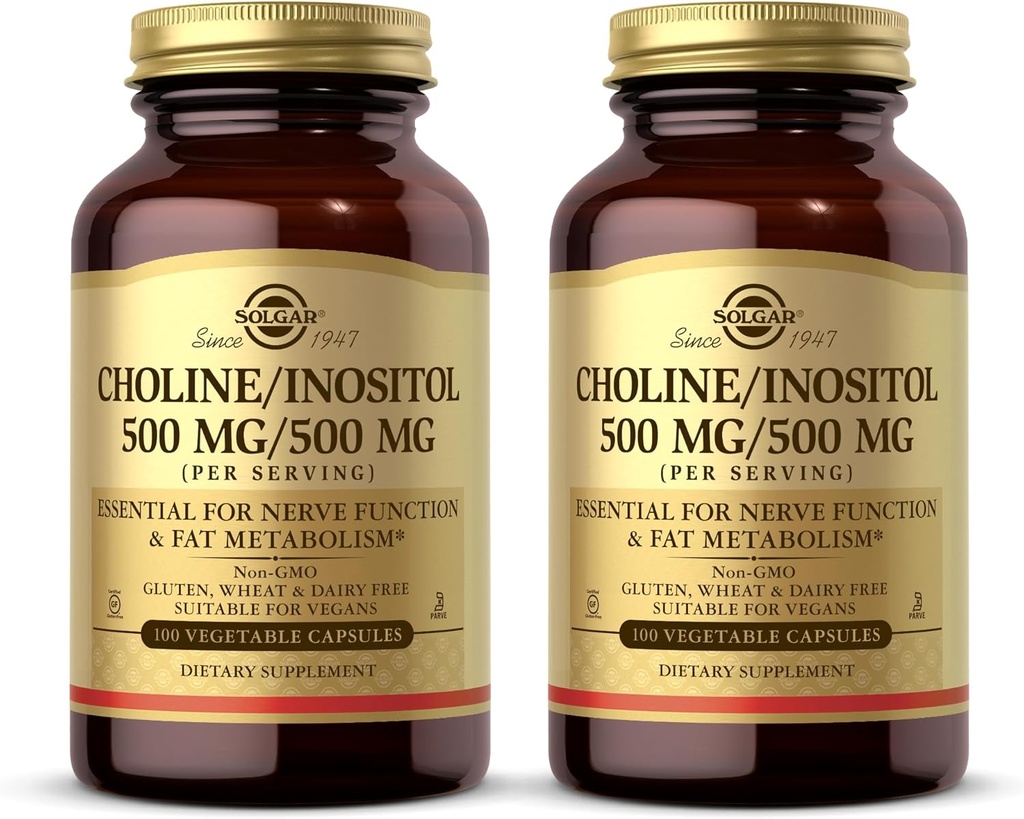 Solgar Choline/Inositol 500 mg/500 mg, 100 capsules végétales (paquet de 2) - Métabolisme énergétique, santé du foie, essentiel pour la fonction cérébrale et nerveuse - non-OGM, végétalien, kasher - 100 portions totales