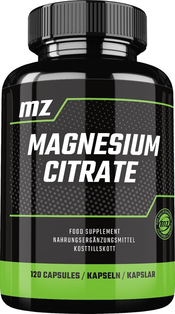 Citrate de magnésium 120mg + vitamine B6 (P-5-P) 3mg, 120 Capsules de végétalien, 4 mois d'approvisionnement, forme organique de magnésium - Soutien de la force osseuse et du système nerveux - par MZ