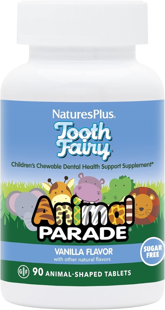 Natures Plus Parade animale Fée des dents Chewables pour enfants - Saveur de vanille naturelle - 90 comprimés en forme d'animal - Supplément santé dentaire - Végétarien, sans gluten - 45 portions