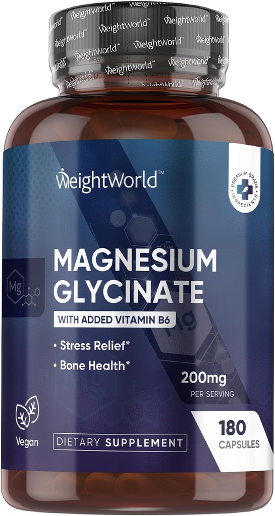 WeightWorld Glycinate Capsules 200mg - 180 Capsules (3 mois) avec Vitamine B6 - Suppléments de Glycinate de magnésium biodisponibles - Testés en troisième partie, végétaliens, non OGM et sans allergène