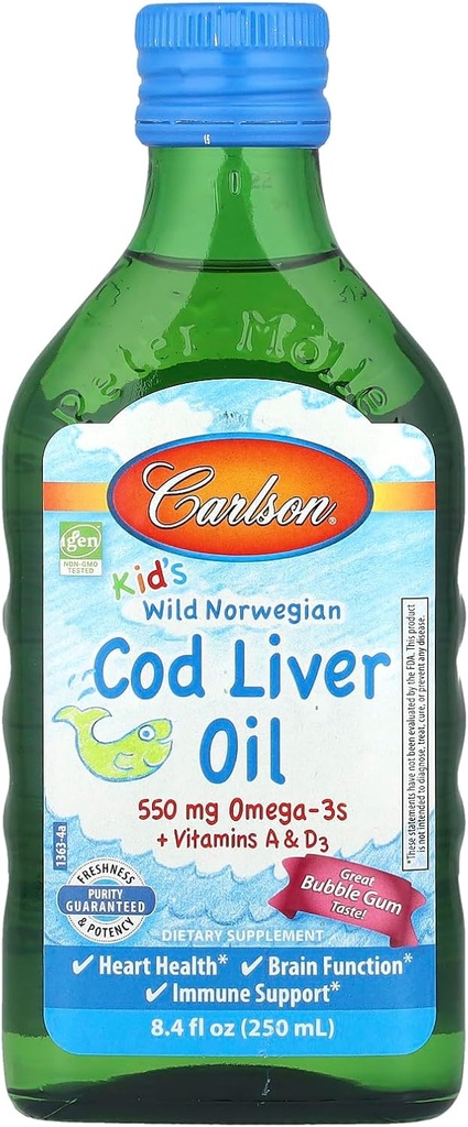 Carlson Kid's Wild Norwegian, Huile de foie de morue + Vitamines A & D3, Bubble Gum, 8,4 fl oz (250 ml)