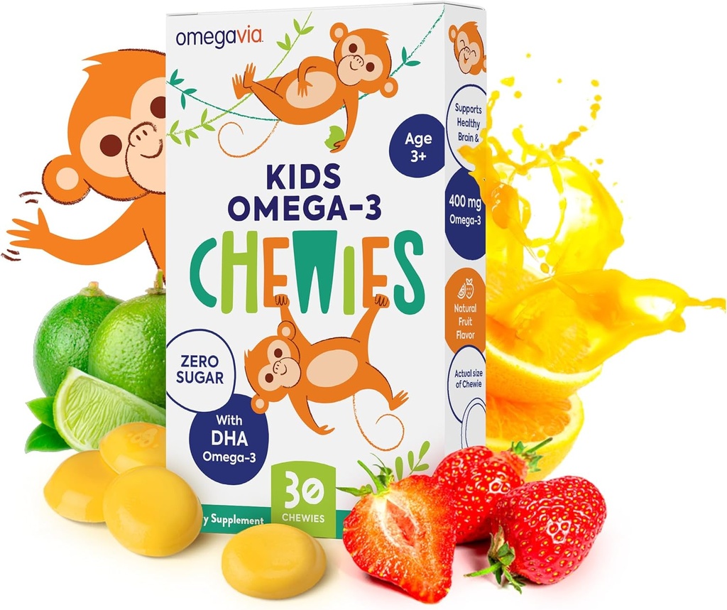 Gommies Omega 3 - Gel à croquer ultra-haut DHA Gommy - Omega 3 pour les enfants soutient la santé du cerveau et des yeux - Fruit naturel sans sucre - Gommies Omega 3 huile de poisson (30 comte)