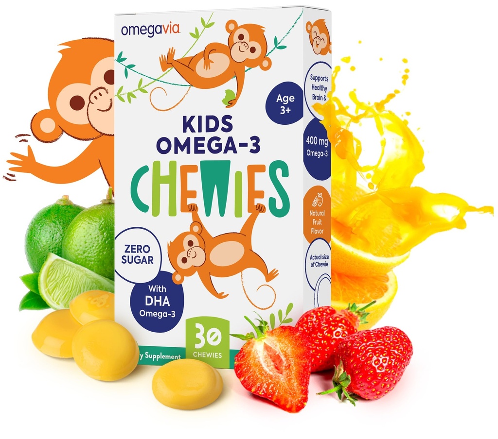 Gommies Omega 3 - Gel à croquer ultra-haut DHA Gommy - Omega 3 pour les enfants soutient la santé du cerveau et des yeux - Fruit naturel sans sucre - Gommies Omega 3 huile de poisson (30 comte)
