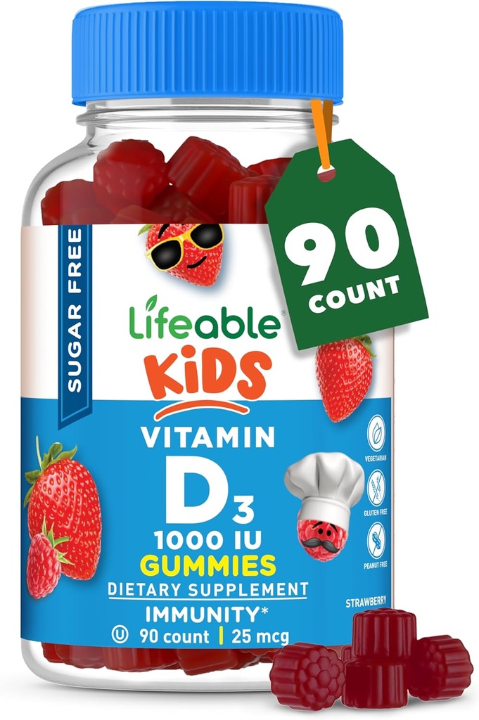 Vitamine D sans sucre pour les enfants 1000 UI – Grand supplément naturel goûteux Gummy – Végétarien sans gluten à croquer – pour des os forts et sains, pour les enfants, les adolescents, les enfants, les enfants, 90 Gummes