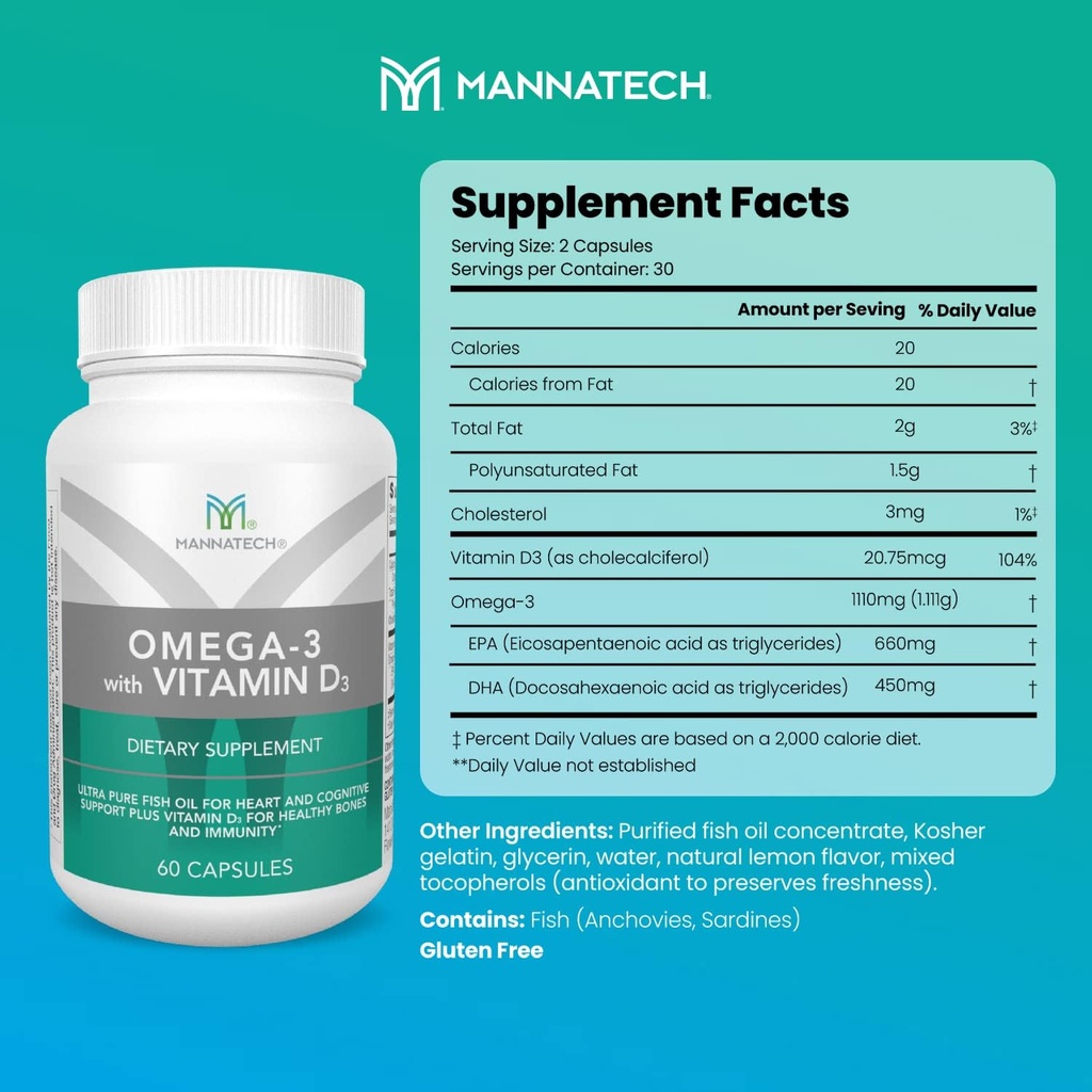 Mannatech Omega-3 avec vitamine D3 pour os, santé cardiaque et soutien cognitif, fait d'huile de poisson pure
