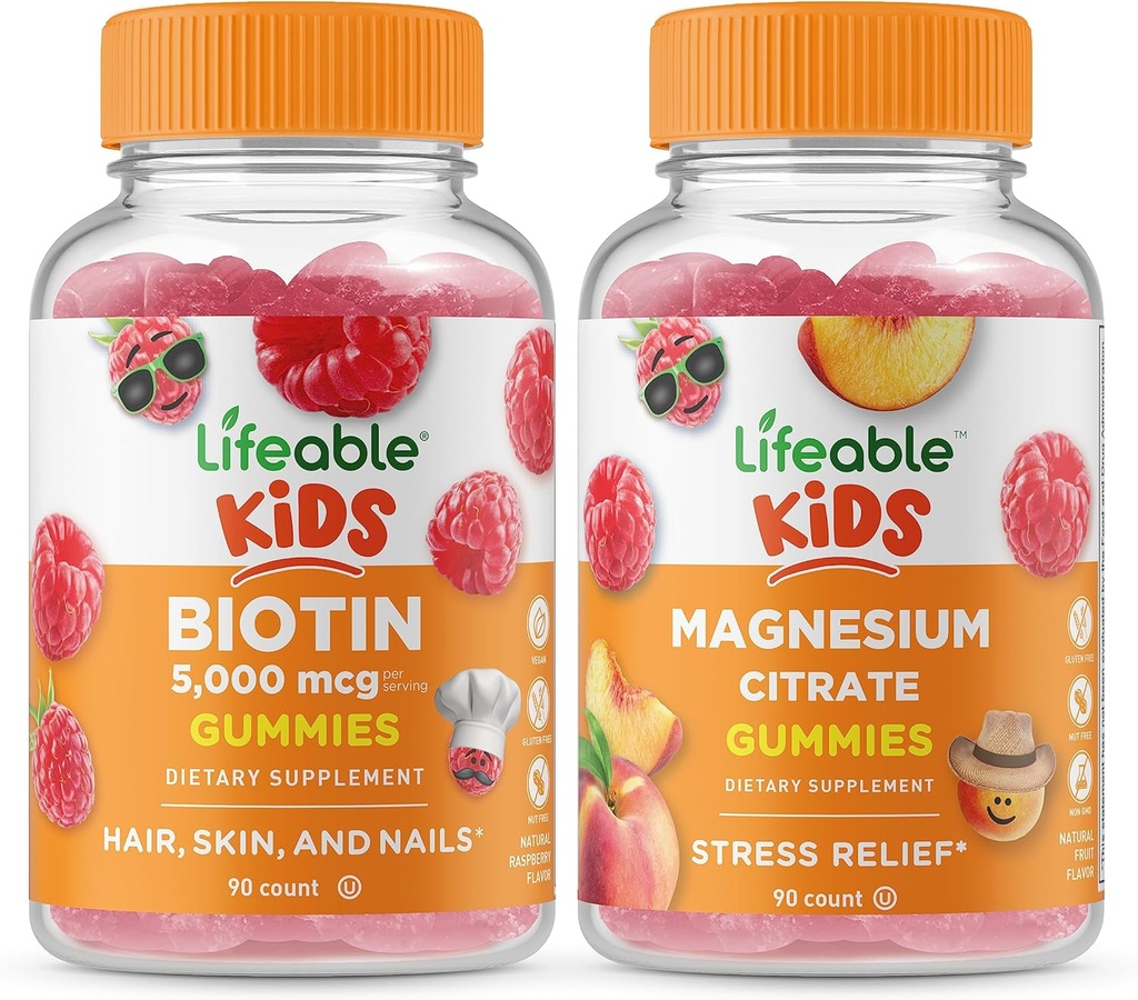 Biotine Lifeable Kids + Magnésium Citrate Kids, Gummies Bundle - Grande dégustation, supplément vitamine, sans gluten, sans OGM, gummy à croquer