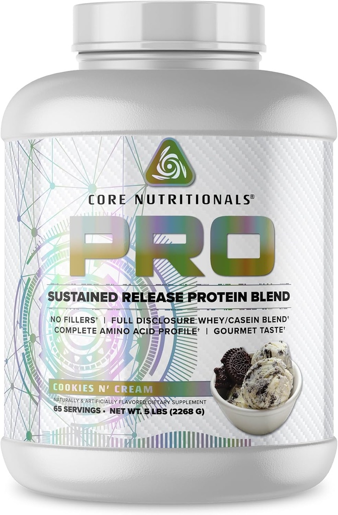 Core Nutritionals Pro Sustained Release Whey Protein Blend | with Digestive Enzymes | 25g Protein, 2g Carbs | No Fillers | 5 Pound (Cookies N Cream)