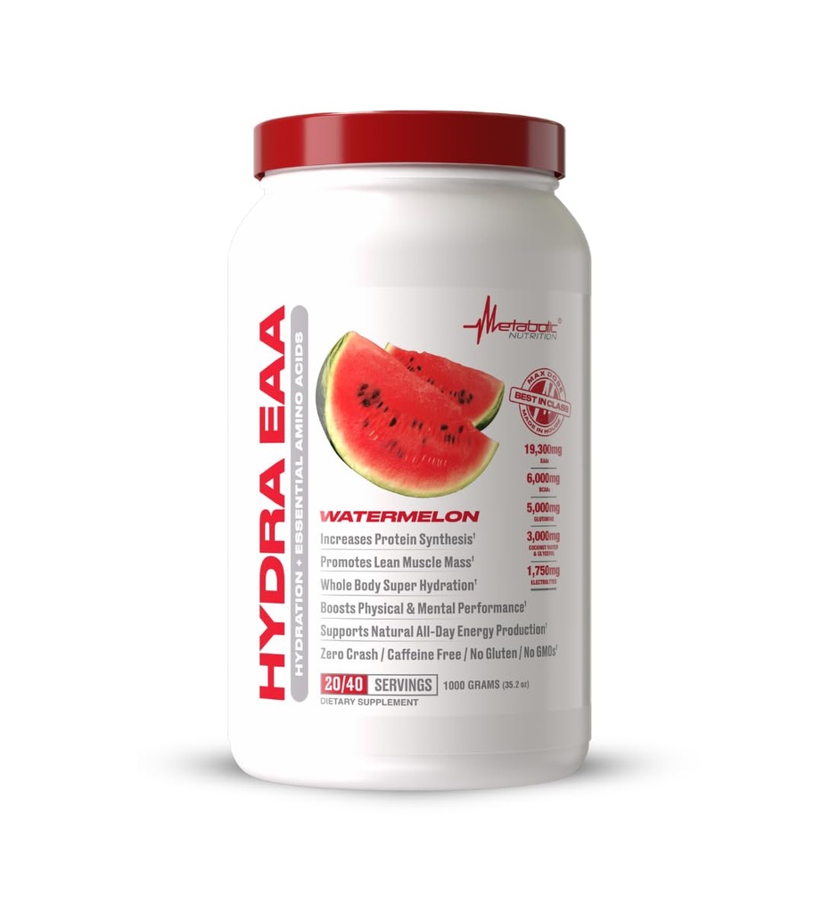 Nutrition métabolique Hydra EAA, 1000g d'acides aminés essentiels + Hydratation, AEA, BCAA, Glutamine, Électorlytes, Eau de coco et Glycérol, Saveurs étonnantes (Watermelon, 1000g)
