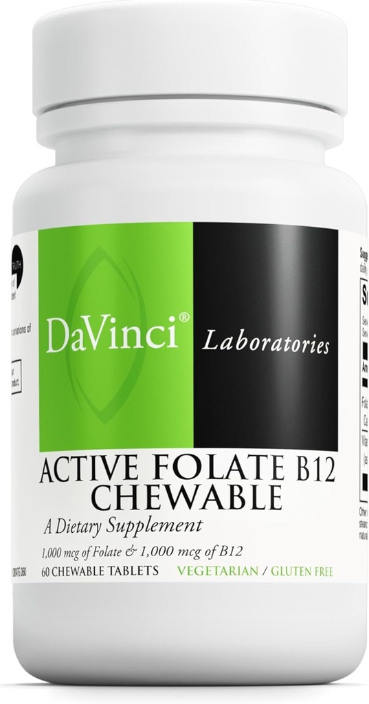 DAVINCI Labs Folate actif B12 Chewable - Supplément alimentaire pour soutenir la santé cardiaque, les nerfs sains, la fonction immunitaire et la production d'énergie* - avec folate et vitamine B12-60 Chewable Tablets