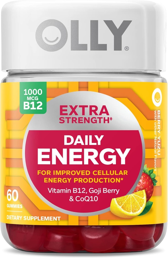 OLLY Extra Strength Daily Energy Gummy, Sans caféine, 1000 mcg de vitamine B12, CoQ10, Goji Berry, Supplément à croquer pour adultes, Berry Yuzu Flavor - 60 Comte