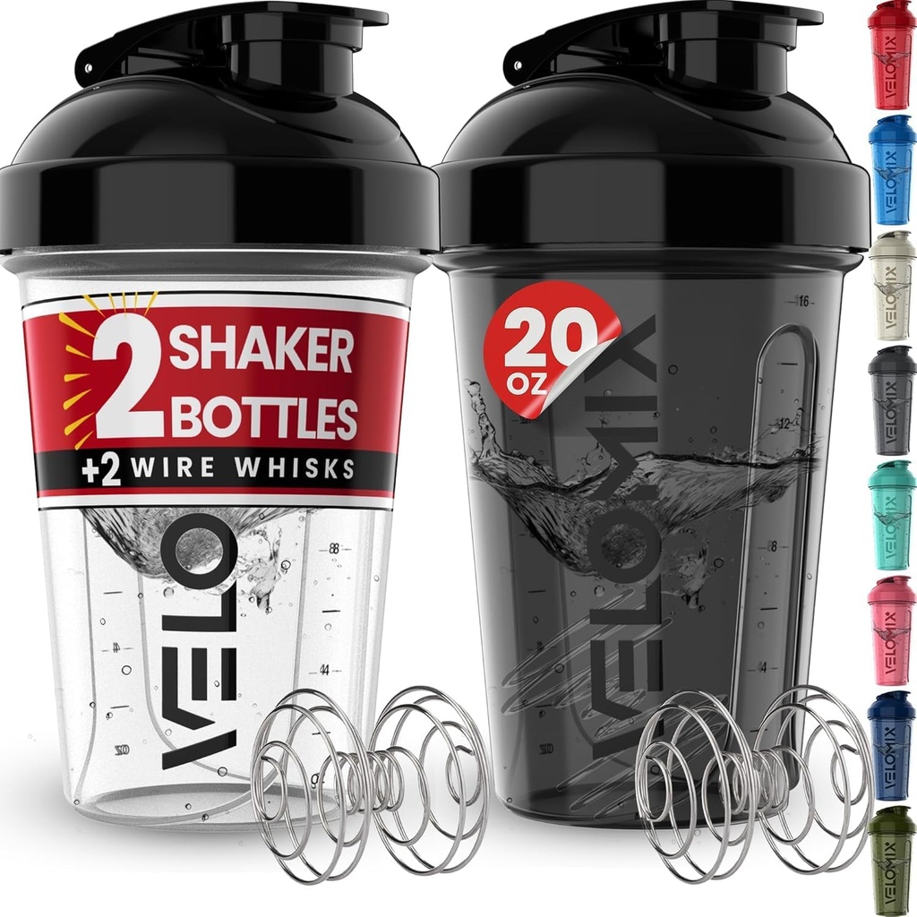 VELOMIX -2 Pack- 20 oz Protein Shaker Bottles for Protein Mixes - 2x Wire Whisk | Leak Proof Shaker Cups for Protein Shakes and Pre Workout | Protein Shaker Bottle Pack (Black/Transparent)