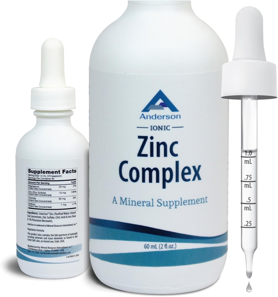 Anderson Ionic Zinc Complex, Liquid Drops for Immune Support, 15mg Zinc Sulfate per Serving, Balanced Trace Mineral Dietary Supplement for Women, Men, 60 Servings, 2oz Bottle