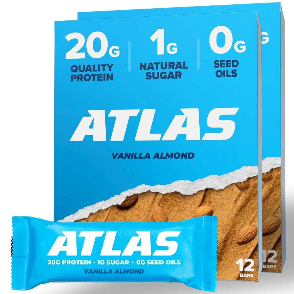 Atlas Protein Bar – 20g Protéines propres, 1g de sucre naturel, pas d'huiles de graines, sans gluten, pas d'édulcorants artificiels - Vanilla Almond 24 Compte