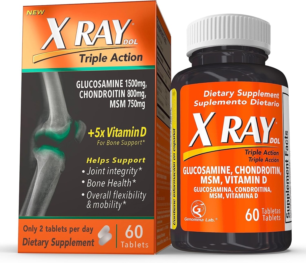 X Ray Dol Triple Action Supplément de soutien conjoint avec Glucosamine 1500mg, Chondroïtine 800mg, MSM 750mg et 5X Vitamine D pour les articulations, les os et le cartilage sains - 60 Compte par bouteille - 1 Pack