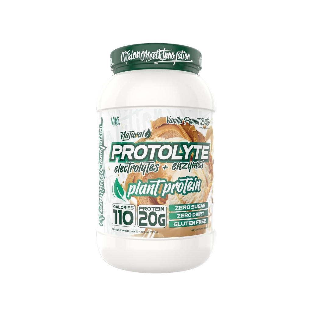 Protolyte Protéine végétale naturelle par VMI Sports avec électrolytes et enzymes.Zéro sucre – Zéro laiterie – Sans gluten.